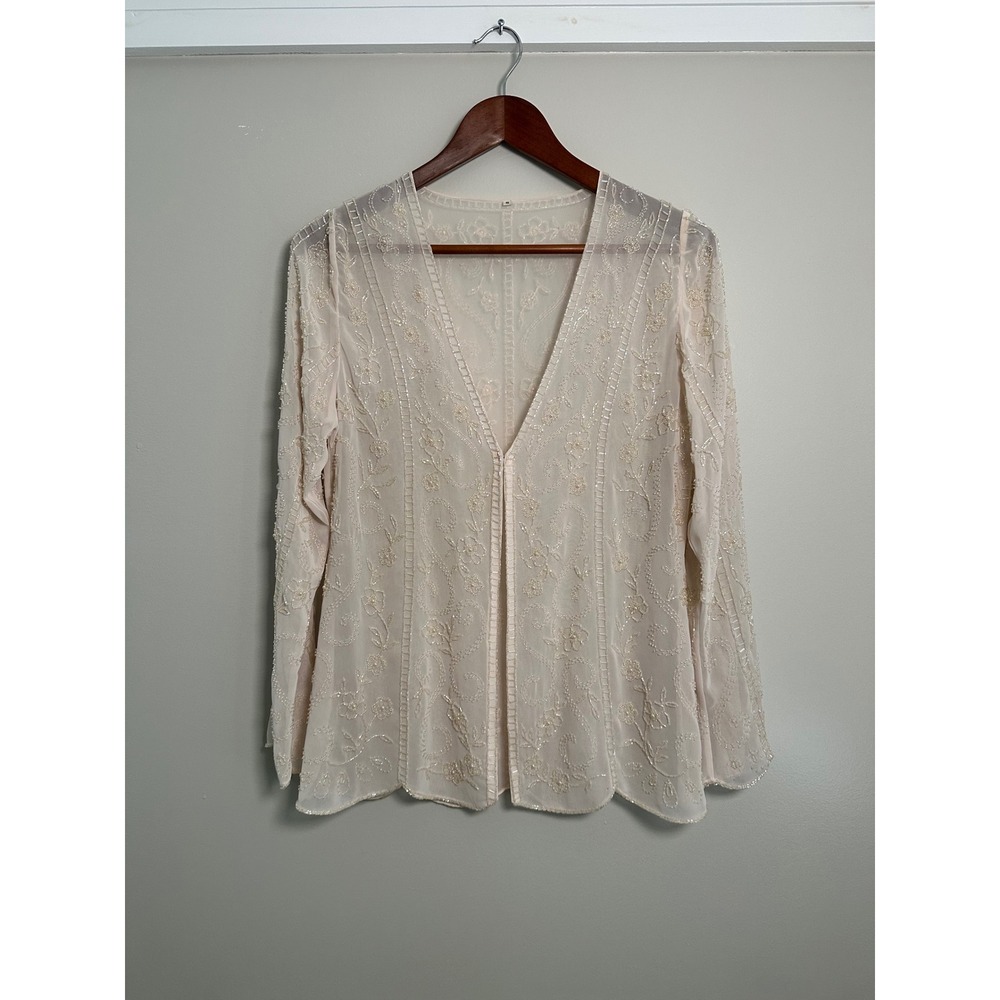 Beaded Sheer Silk Cardigan Women Size 6 Blush Pink EUC Floral Evening Shrug